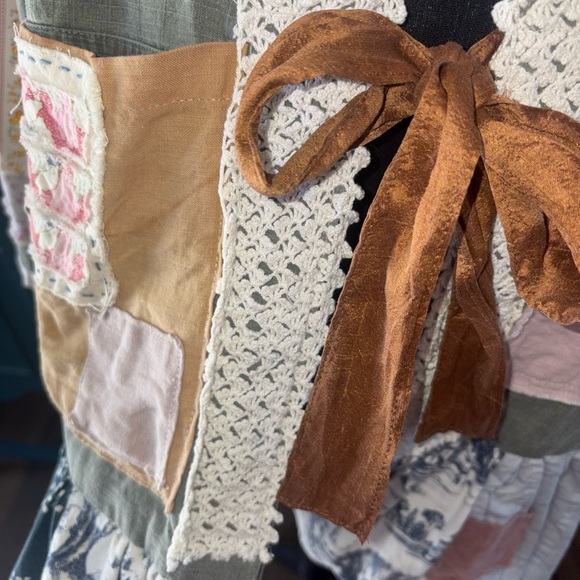 Handmade Artisan Vintage Materials Jacket Silk Bow Closure Peter Pan Collar XL - Picture 6 of 16